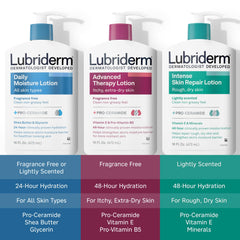 Person using Lubriderm on arms in a home bathroom for daily body care