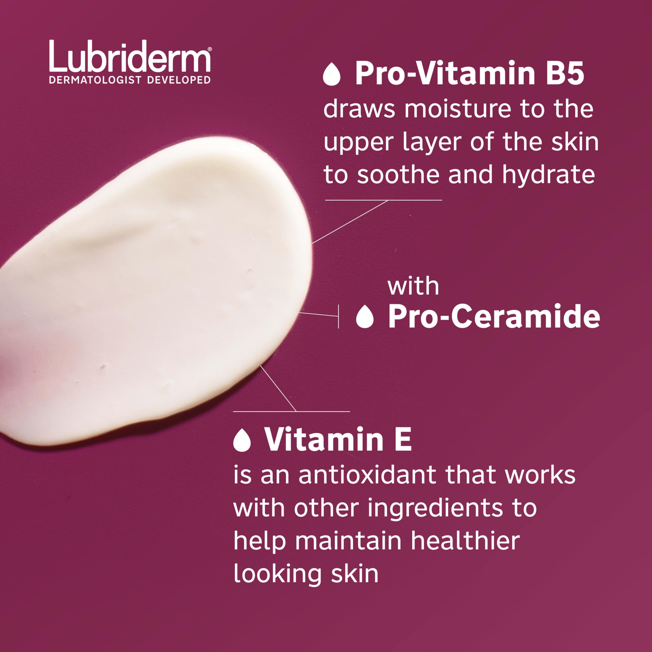 Lubriderm ingredient callout panel featuring Pro-Ceramide and vitamin E benefits