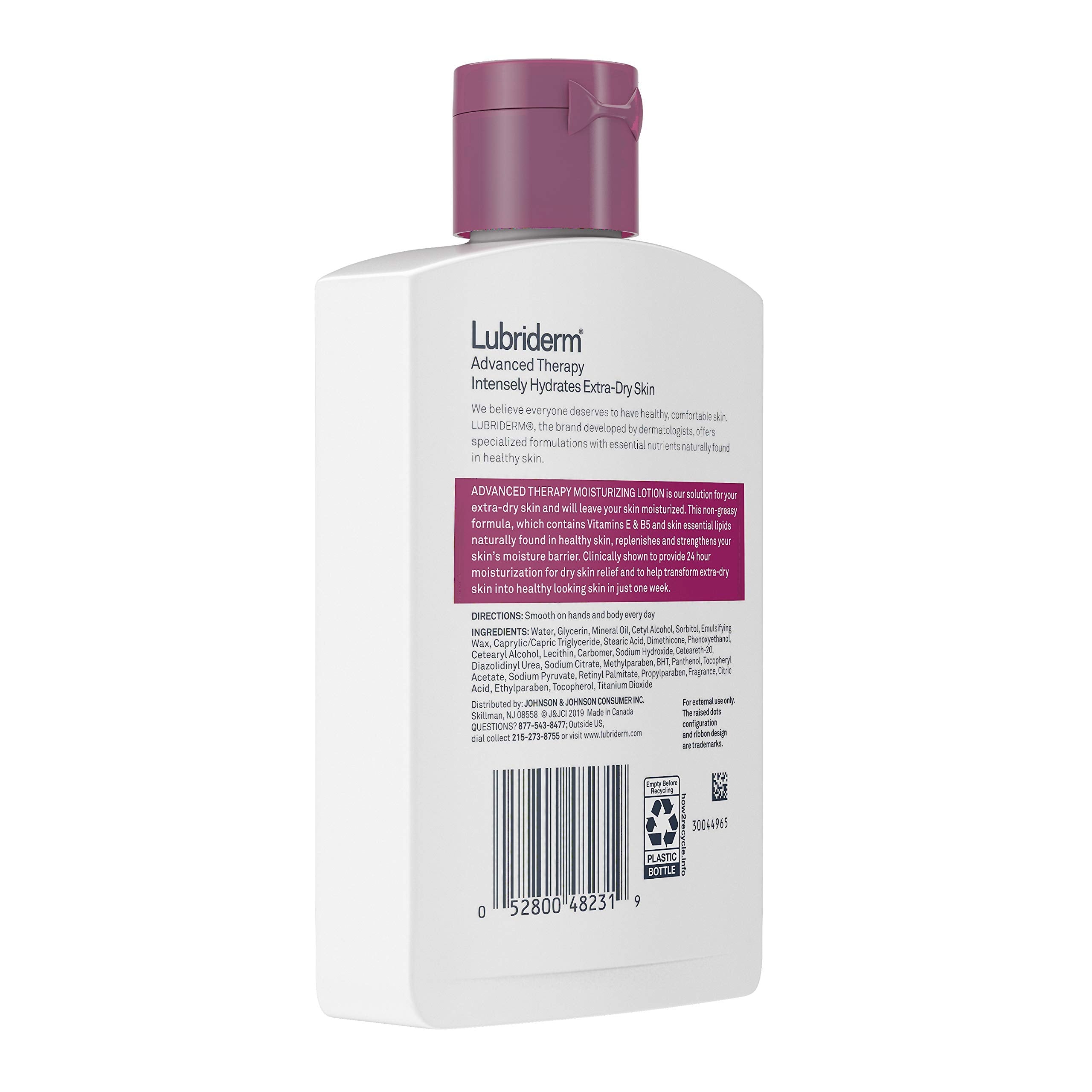 Two Lubriderm bottles side-by-side emphasizing value-pack convenience and benefit