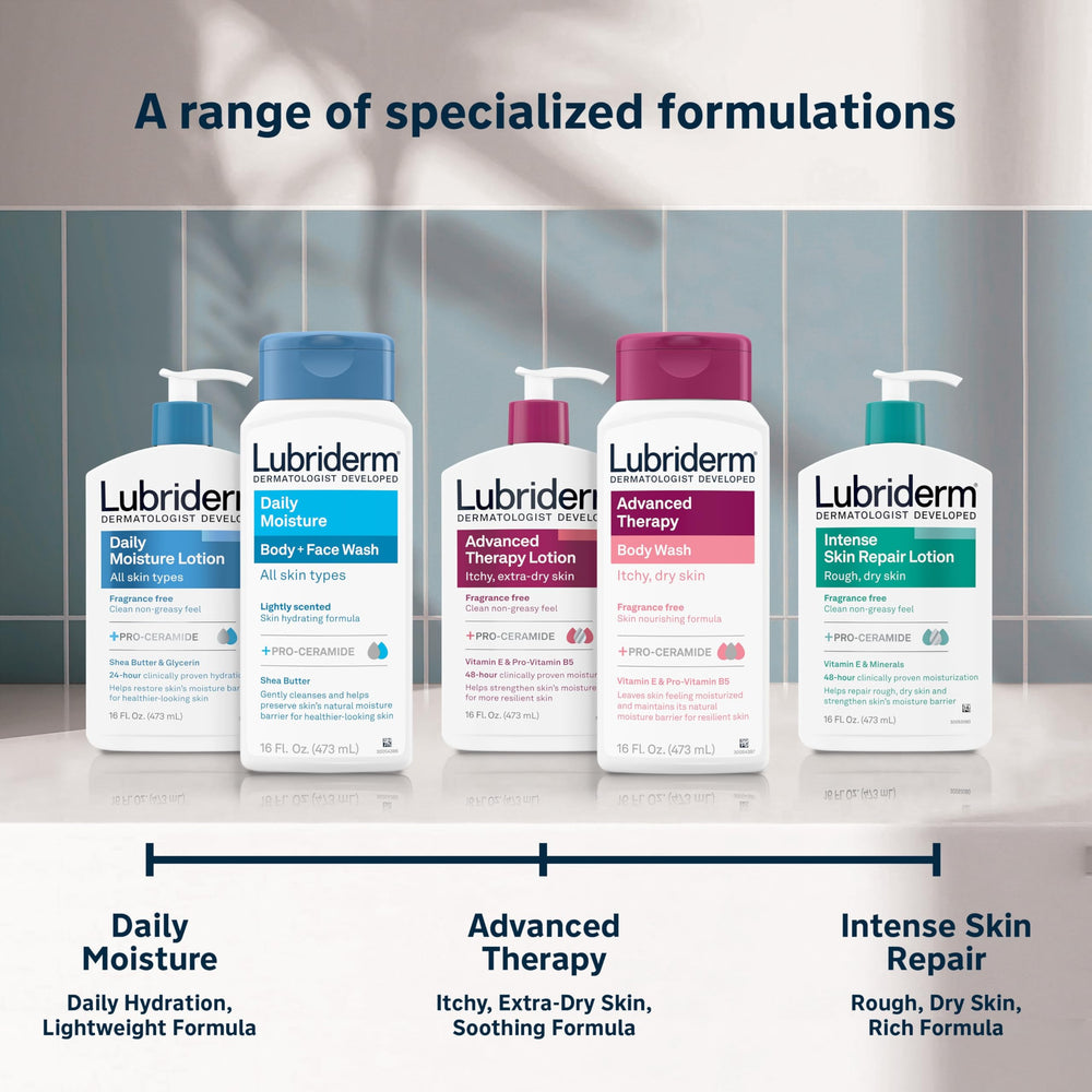 Lubriderm label noting 30% post-consumer recycled plastic and clean formula benefit