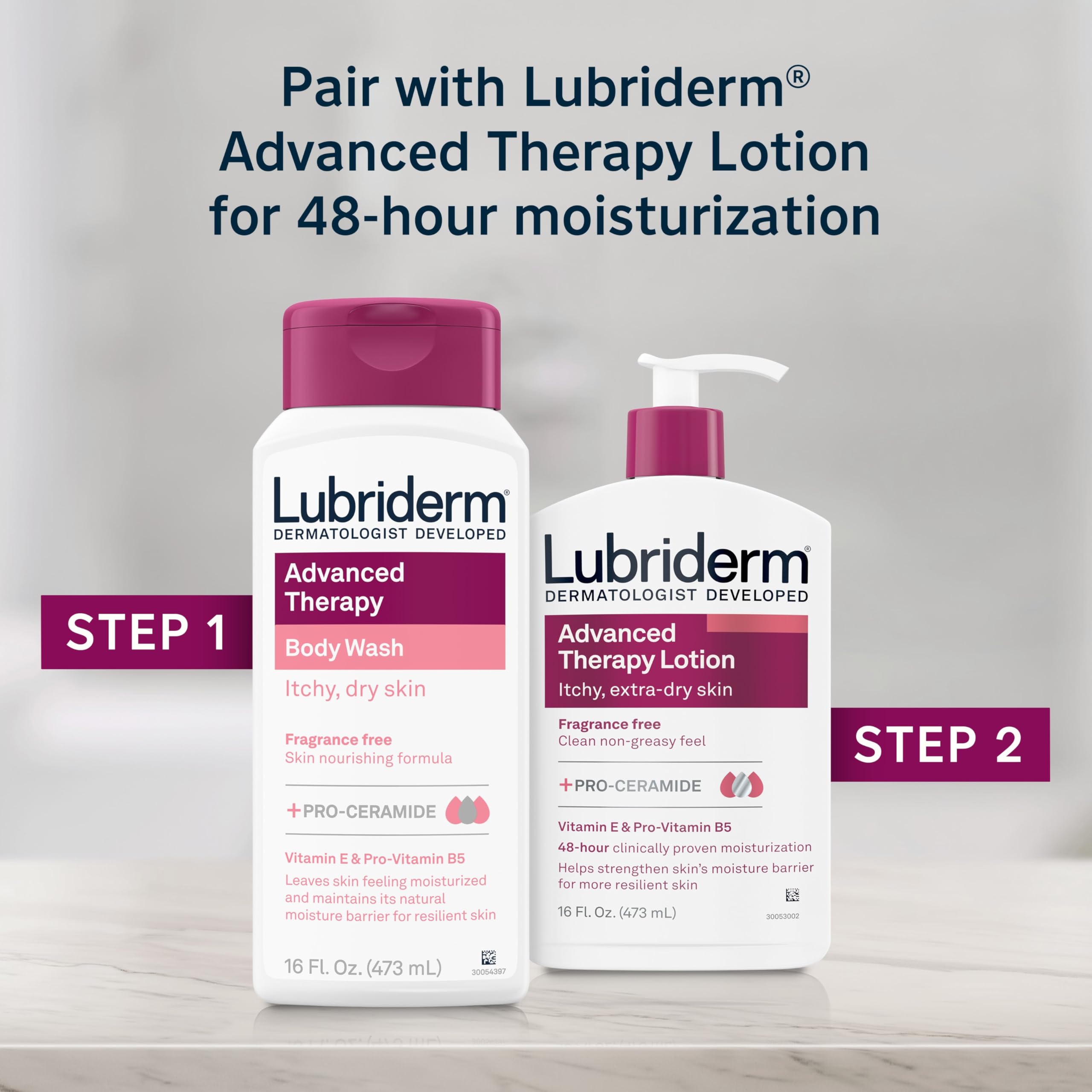 Lubriderm bottle held in hand for size and amount per use convenience