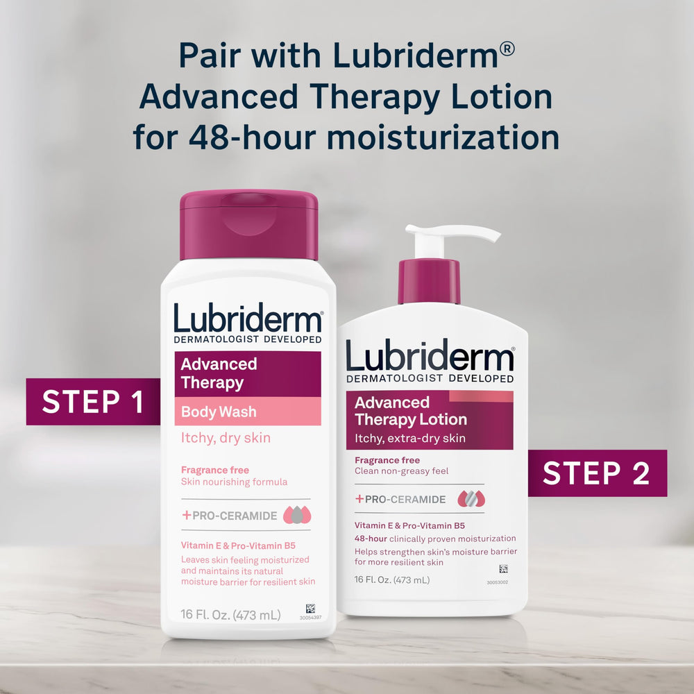 Lubriderm bottle held in hand for size and amount per use convenience