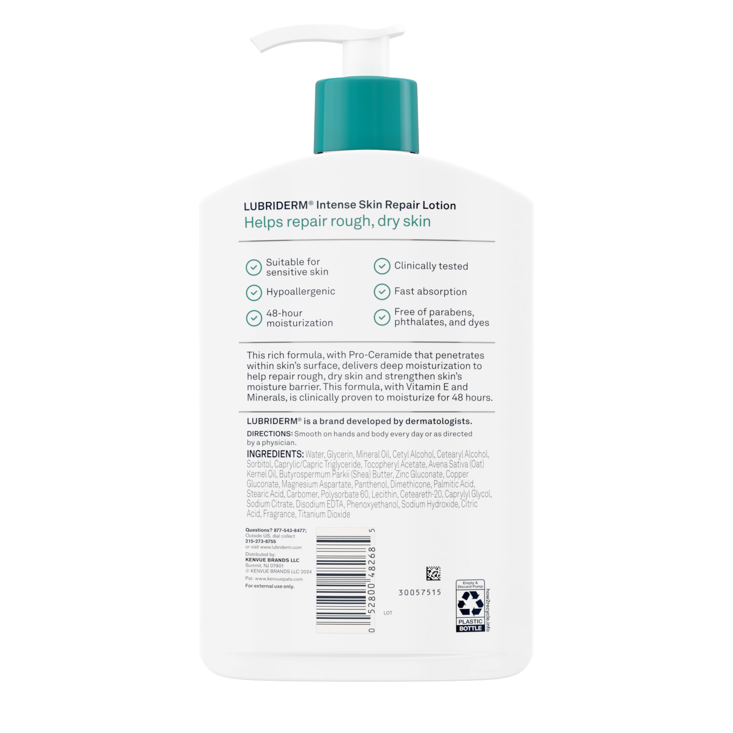 Lubriderm bottle next to hand showing 16 fl oz practical size benefit
