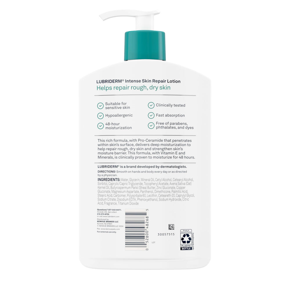 Lubriderm bottle next to hand showing 16 fl oz practical size benefit