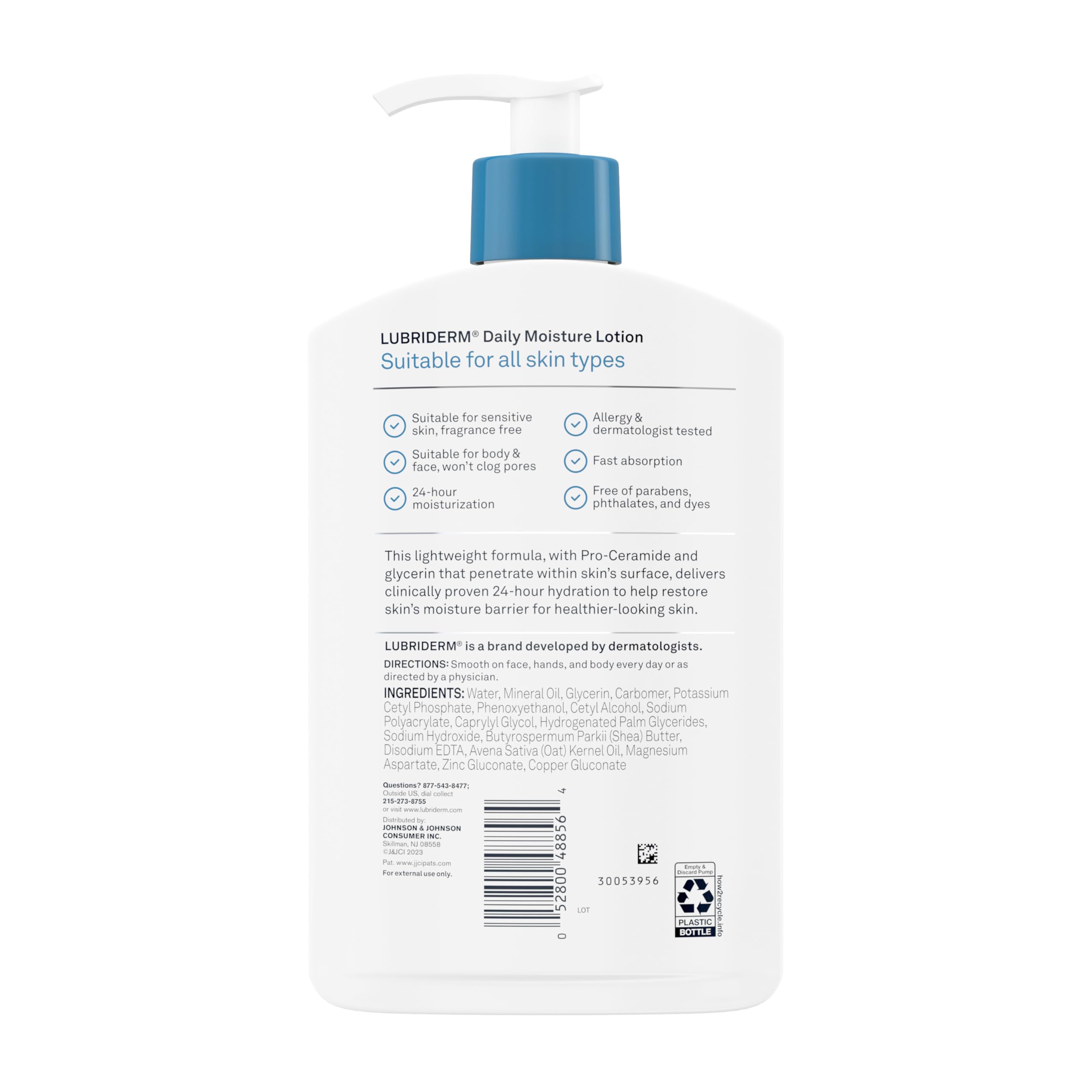 Lubriderm bottle top and pump detail for easy one-handed use benefit