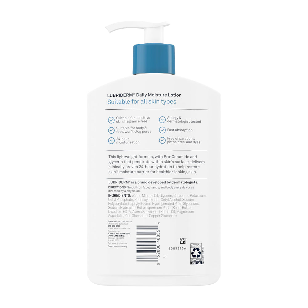 Lubriderm bottle top and pump detail for easy one-handed use benefit