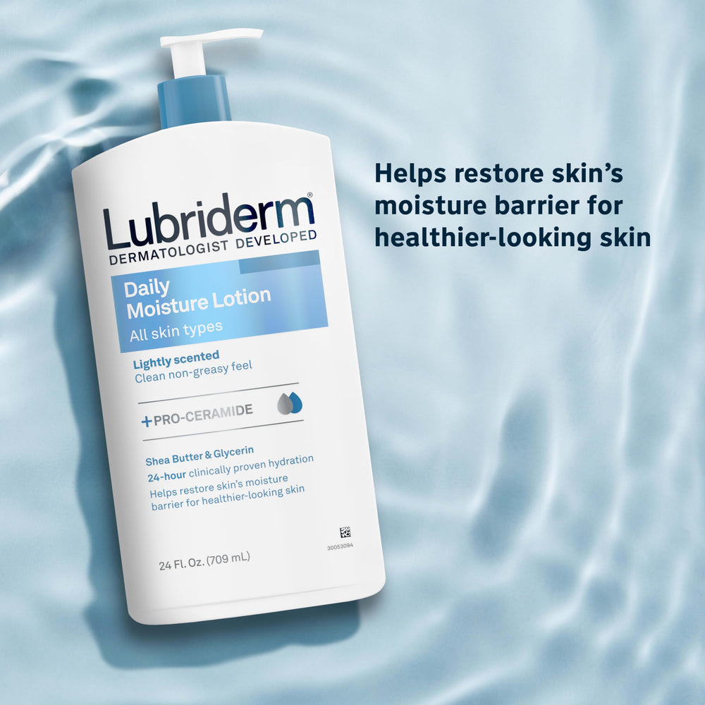 Lubriderm lotion texture close-up showing fast-absorbing benefit