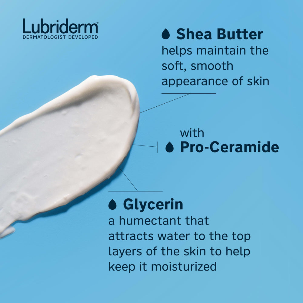 Lubriderm used on face to show gentle hydration and non-comedogenic benefit