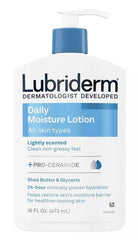 Lubriderm front 16 oz bottle showing label and benefits for daily hydration