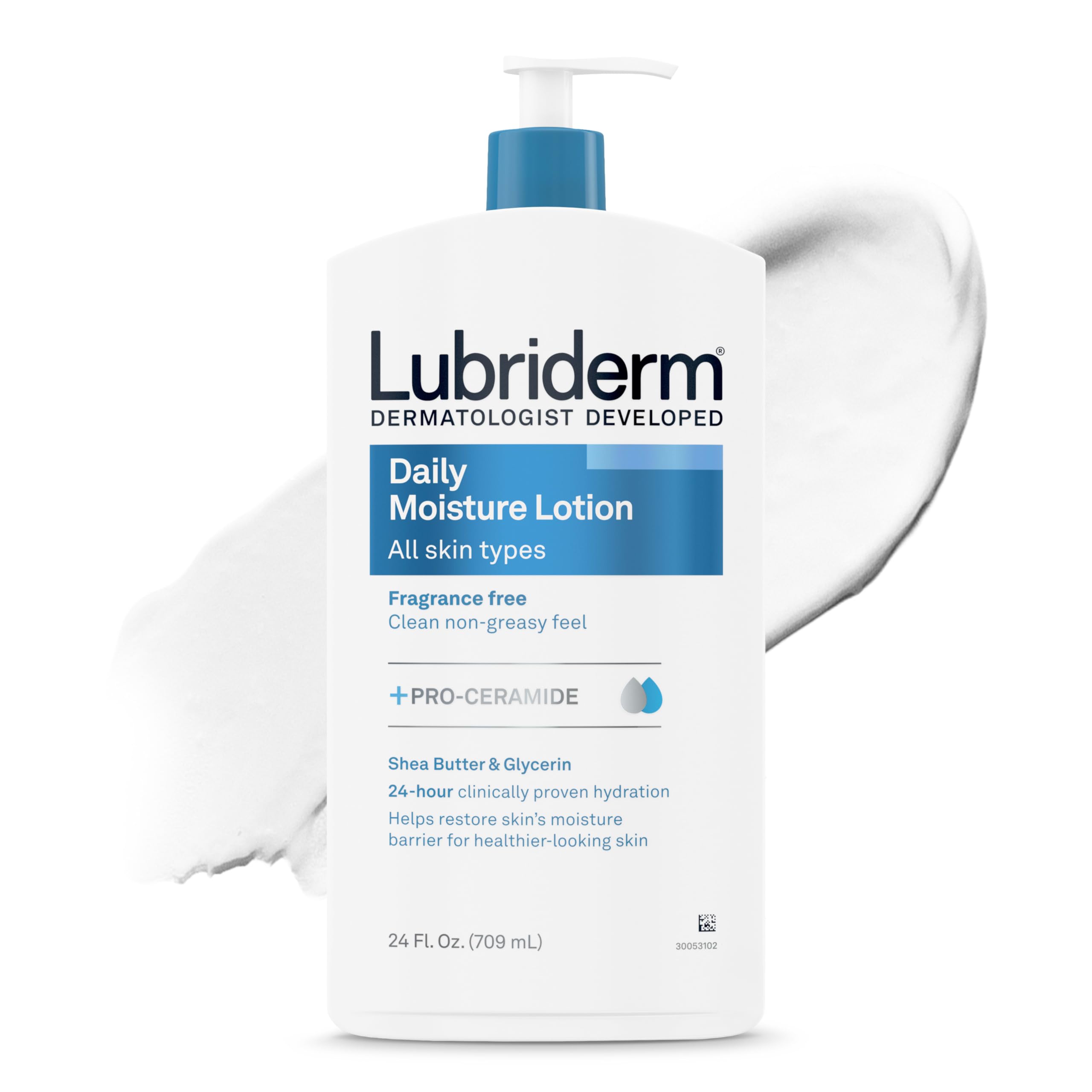 Lubriderm front bottle showing unscented lotion and brand benefit