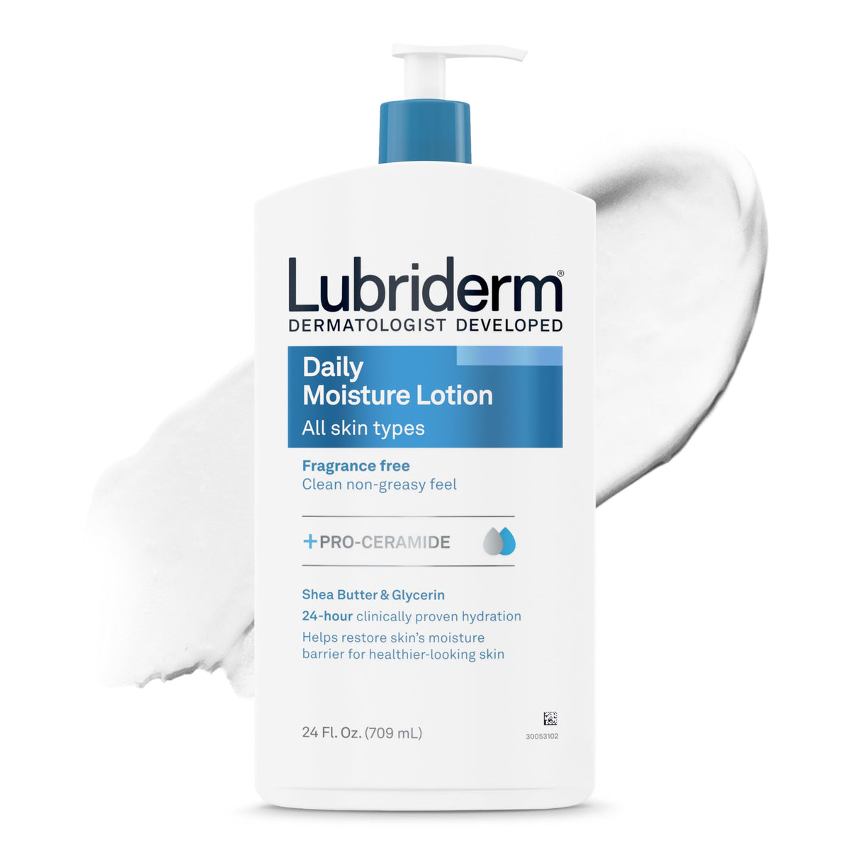 Lubriderm front bottle showing unscented lotion and brand benefit