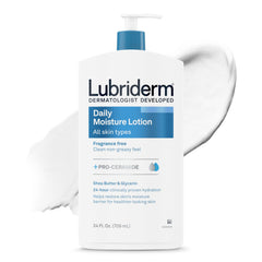 Lubriderm front bottle showing unscented lotion and brand benefit