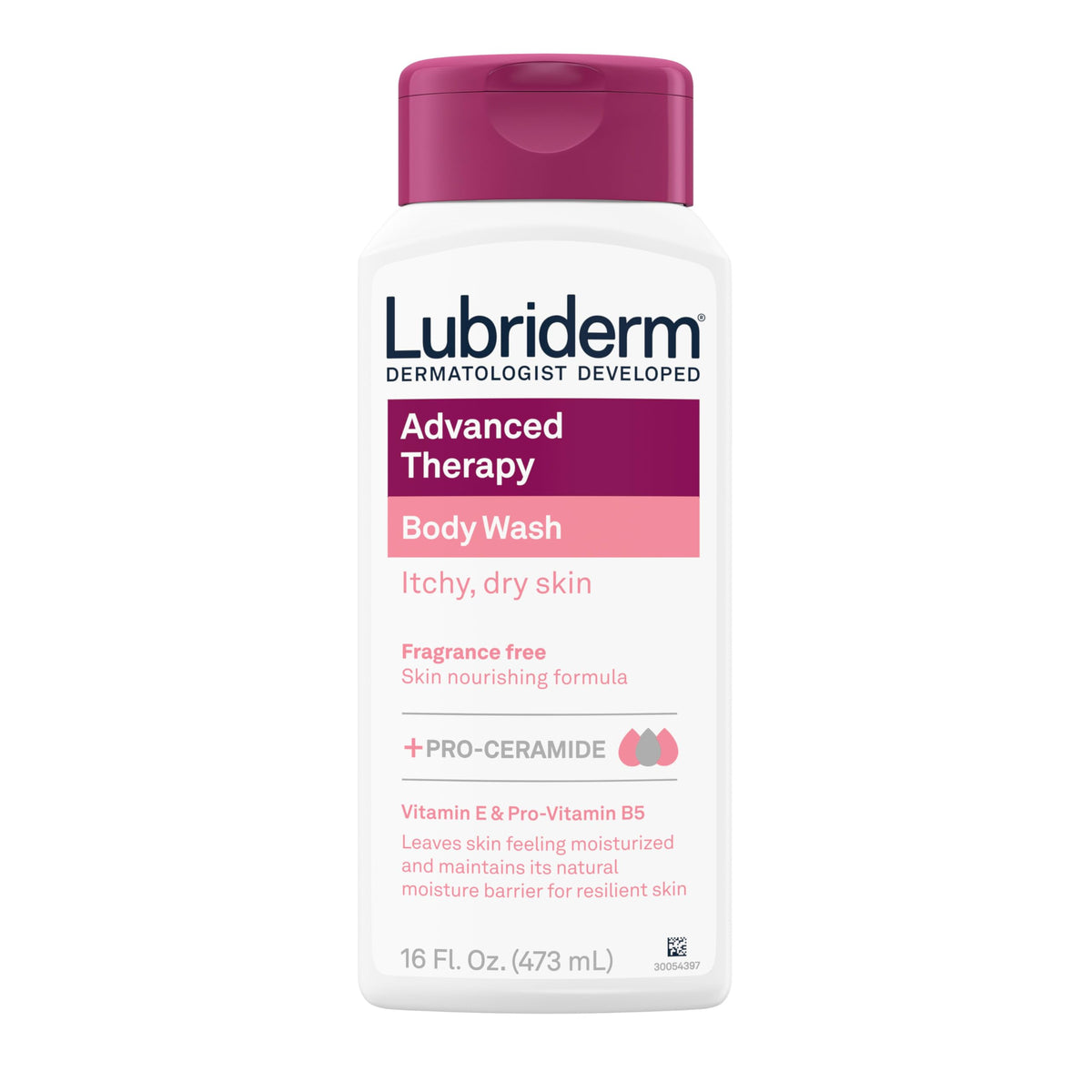 Lubriderm front packaging showing unscented body wash for gentle cleansing