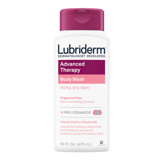 Lubriderm front packaging showing unscented body wash for gentle cleansing