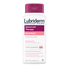 Lubriderm front packaging showing unscented body wash for gentle cleansing