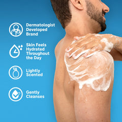 Lubriderm applied to hand near face illustrating gentle cleansing