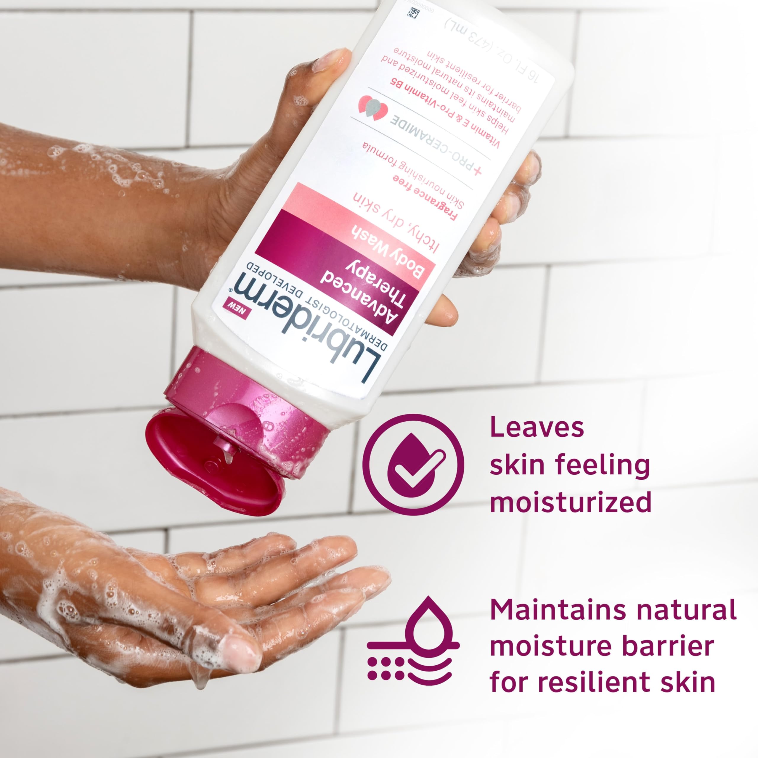 Lubriderm ingredient panel close-up highlighting pro-ceramide and panthenol benefits