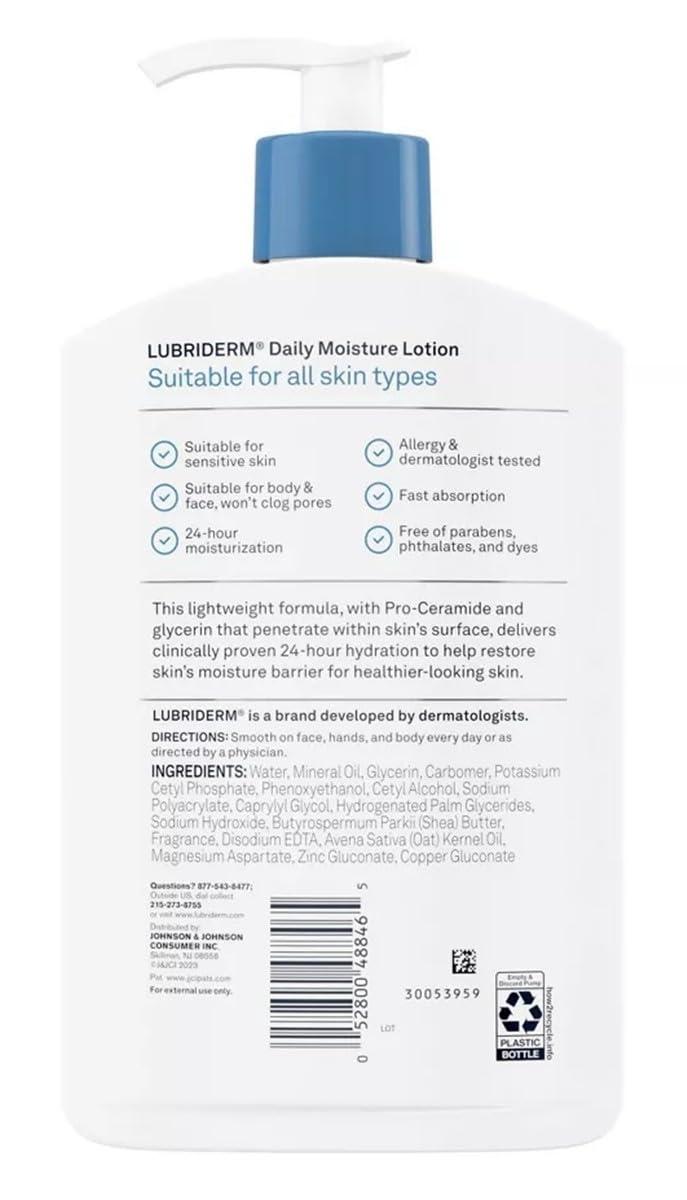 Lubriderm lotion being dispensed onto hand for quick-absorbing hydration