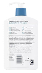 Lubriderm lotion being dispensed onto hand for quick-absorbing hydration