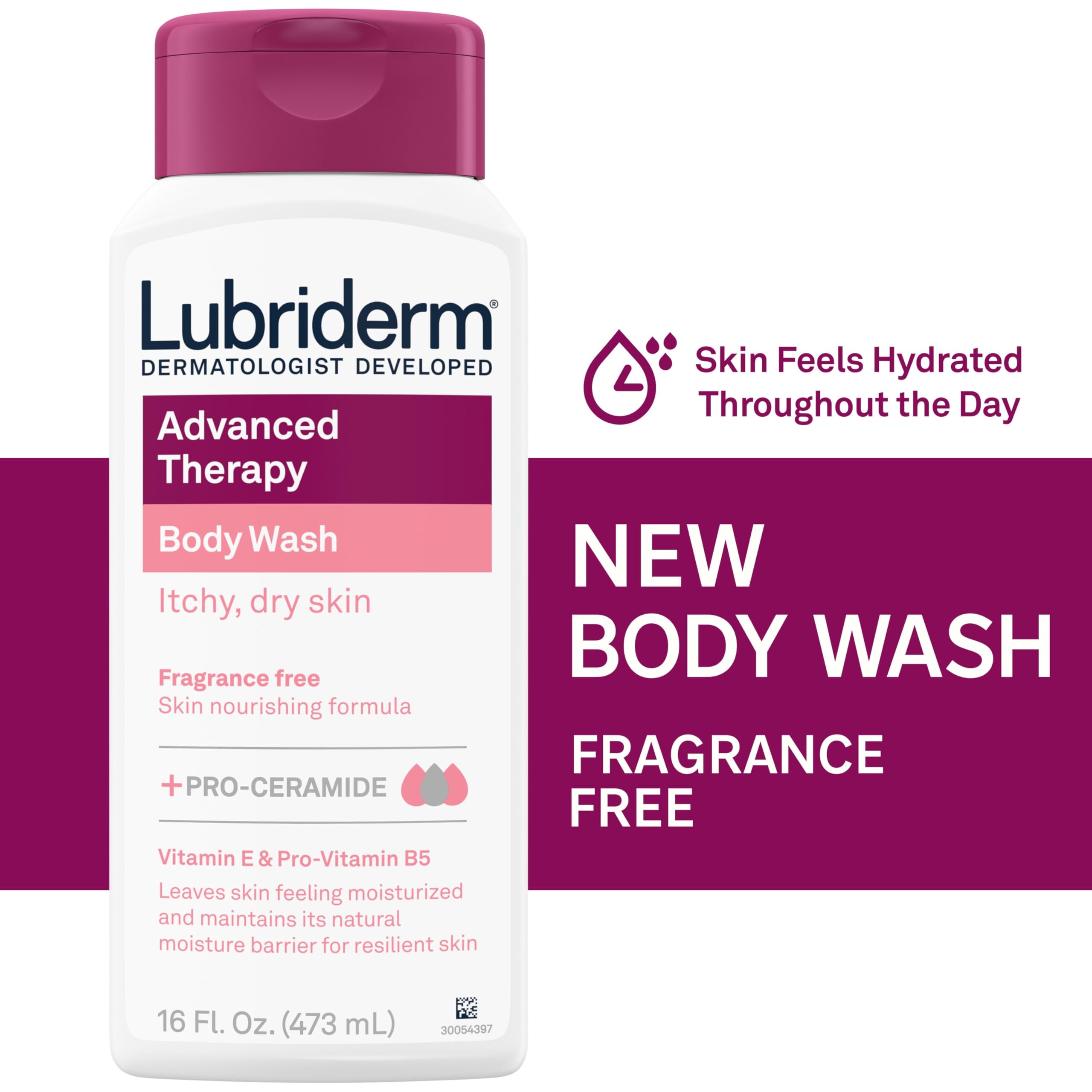 Lubriderm pump dispensing creamy wash for soothing dry skin relief