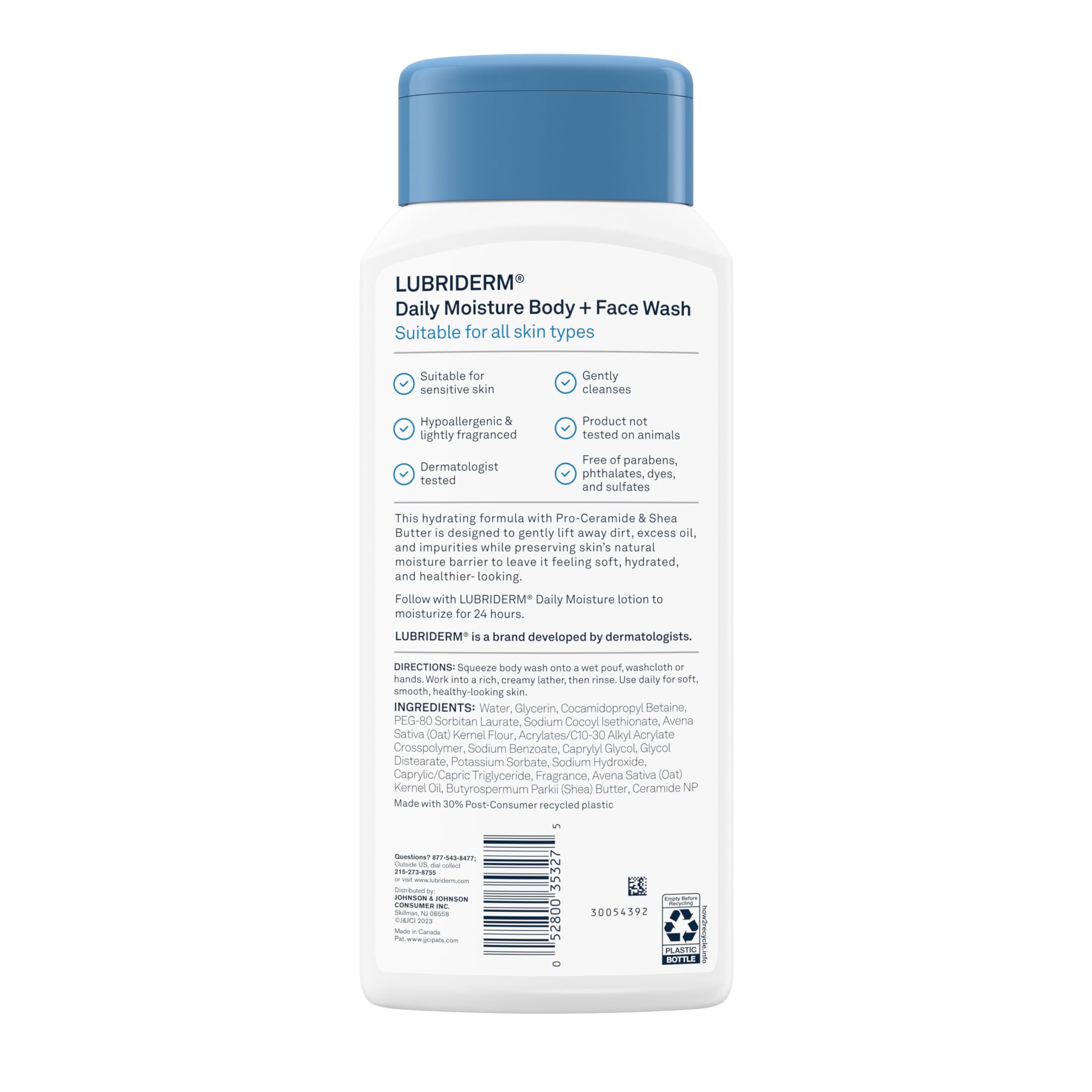 Lubriderm bottle marking showing 30% post-consumer recycled plastic