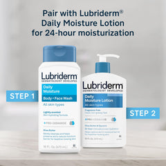 Lubriderm on shower shelf in daily routine lifestyle setting