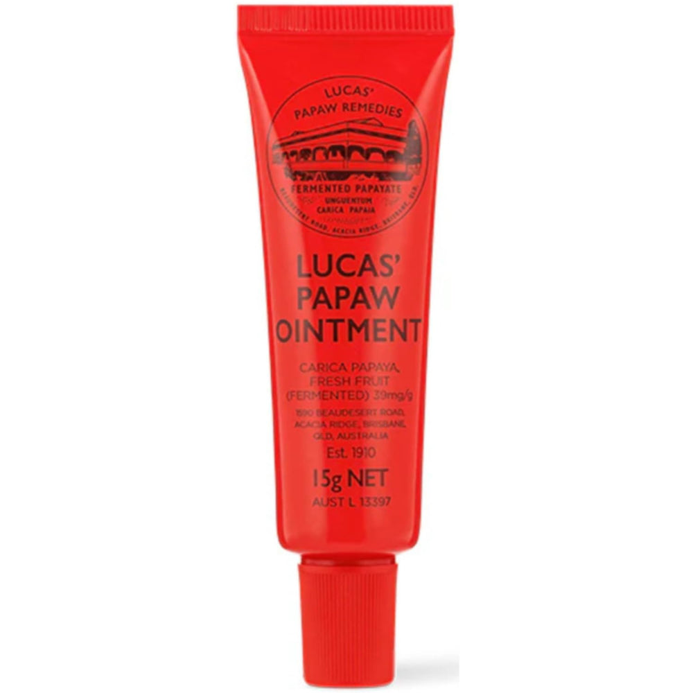 Lucas Papaw 15g tube front view showing compact size and branding benefit