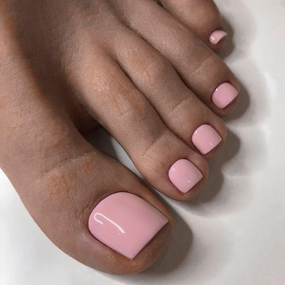 LuckForever model applying adhesive tab to toenail, quick at-home pedicure benefit