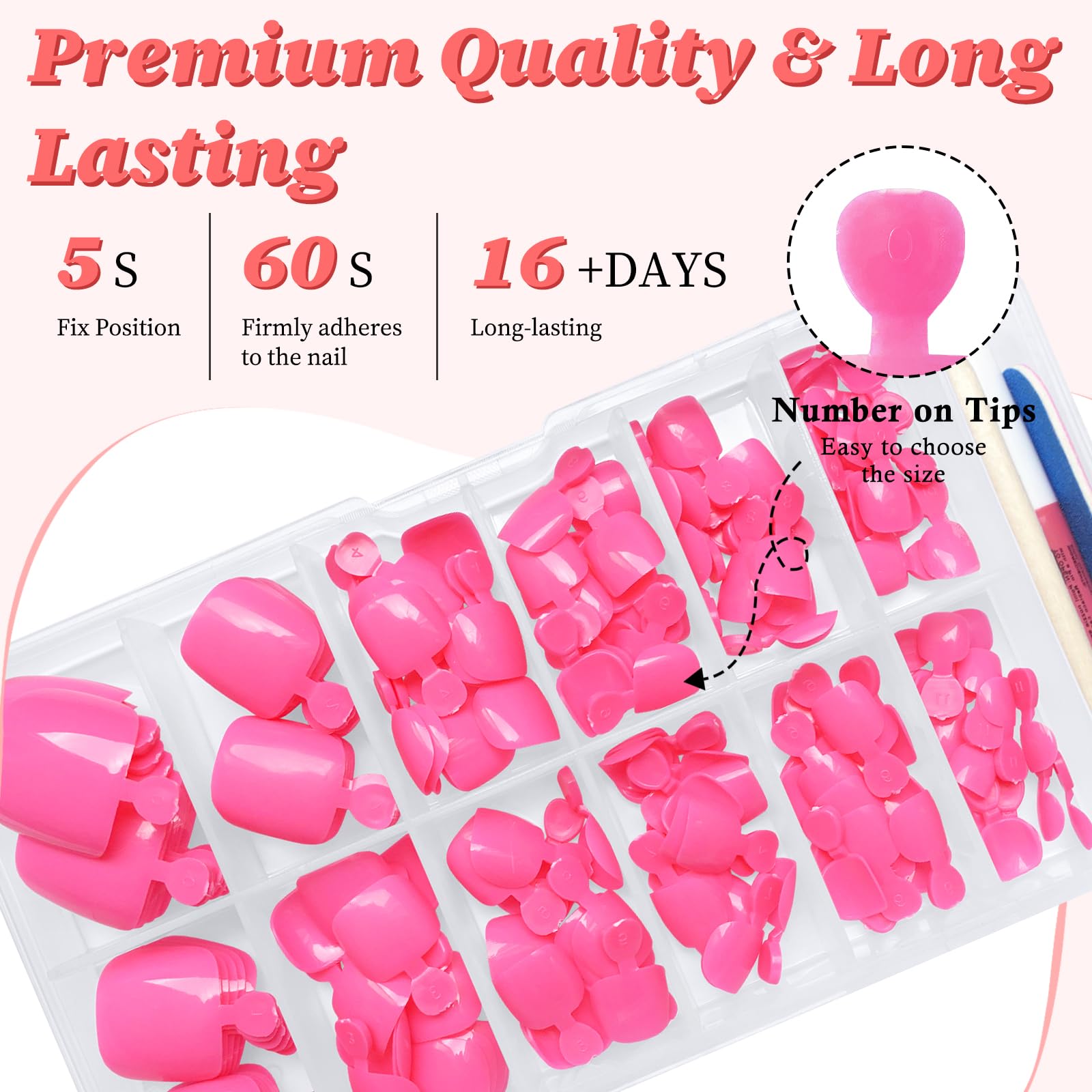 LuckForever nail glue, adhesive tabs, file and application stick arranged to speed application