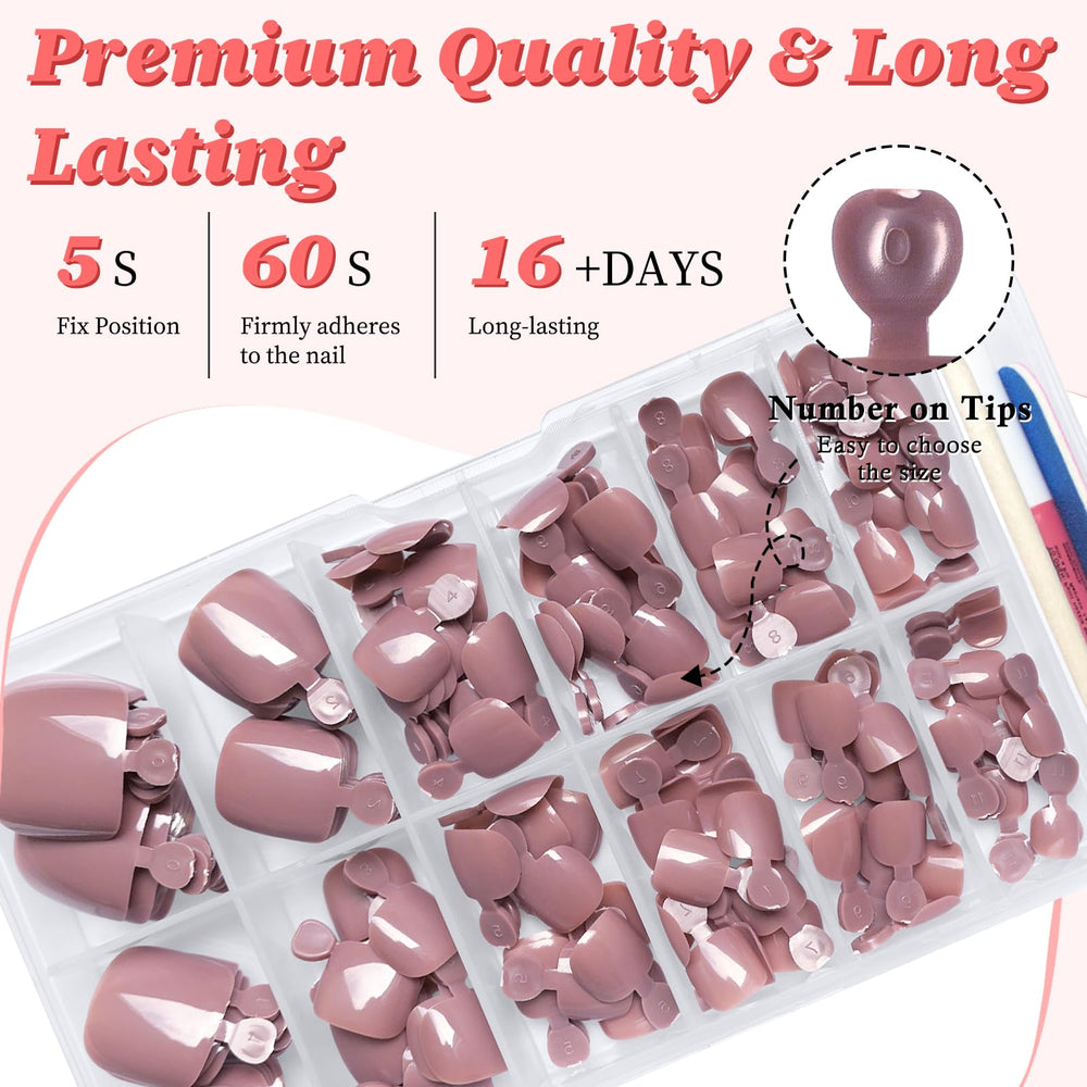 LuckForever tube of nail glue, adhesive tabs and file displayed for quick at-home application