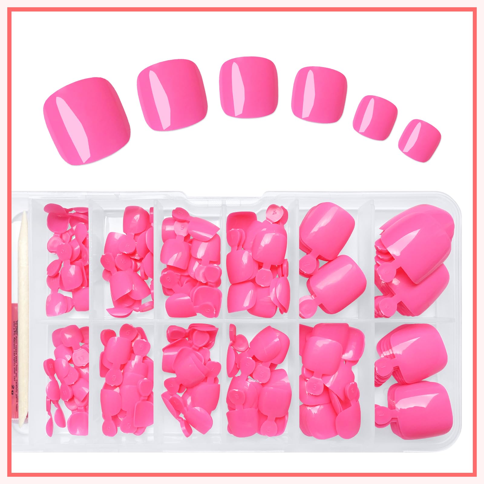 Model wearing LuckForever hot pink press-on toenails for a polished, travel-ready pedicure