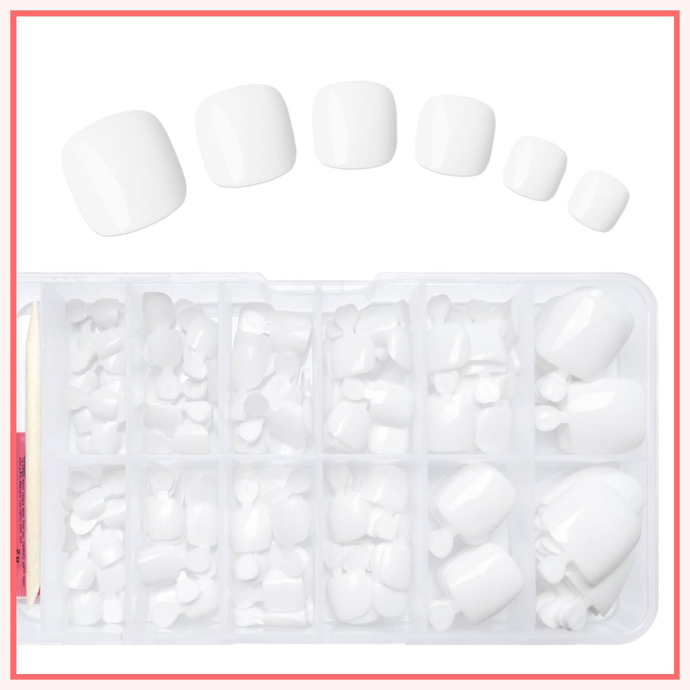 LuckForever model wearing white press-on toenails showing neat, salon-style results