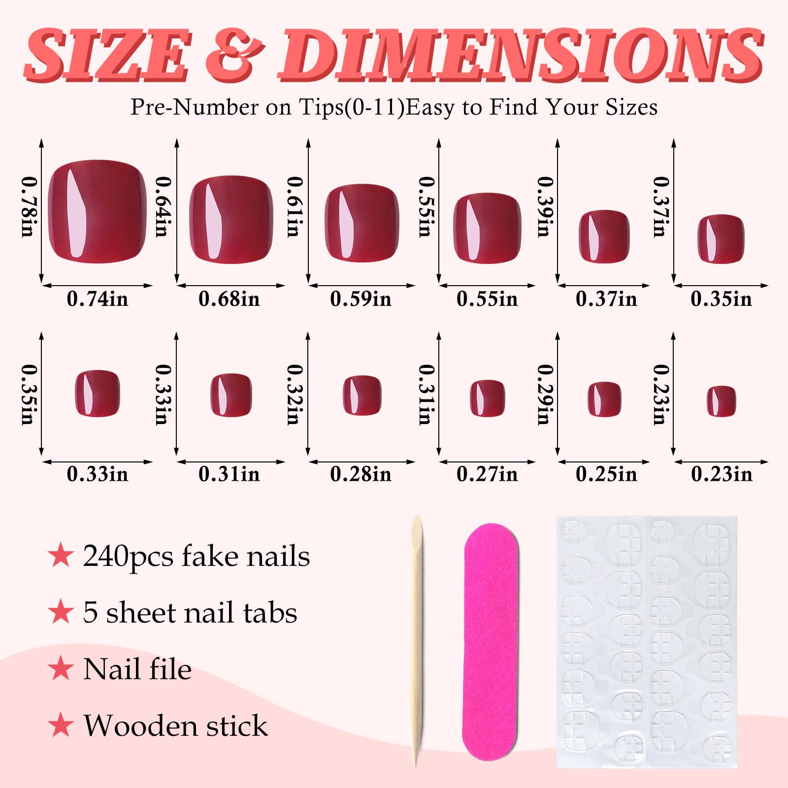 LuckForever open storage case with 168 burgundy toe tips and adhesive tabs for organized access