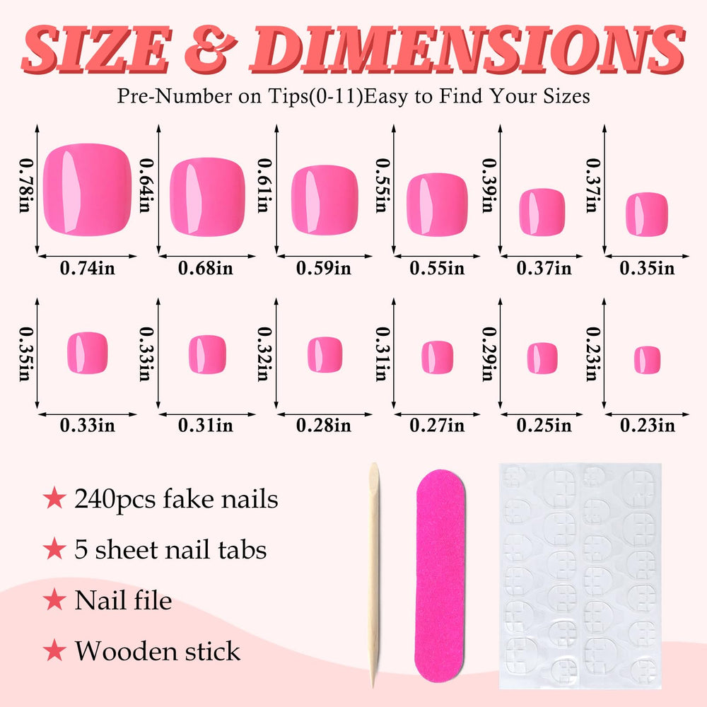 LuckForever organized storage case displaying 12 sizes of hot pink press-on toenails for perfect fit