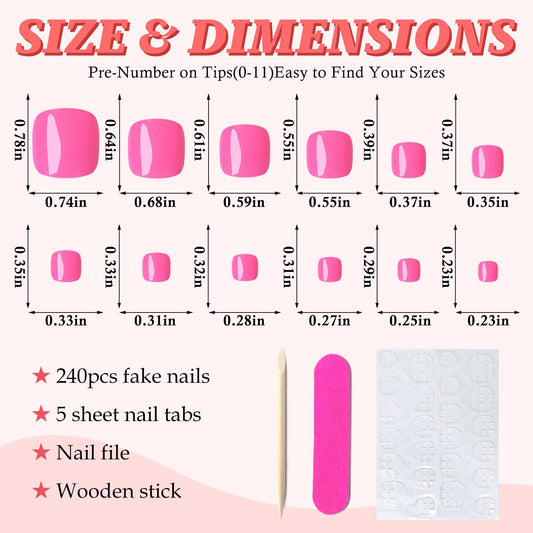 LuckForever organized storage case displaying 12 sizes of hot pink press-on toenails for perfect fit