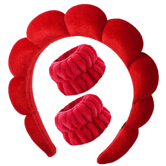 Luckybear front view of red headband set showing neat packaging and benefits