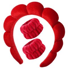 Luckybear front view of red headband set showing neat packaging and benefits