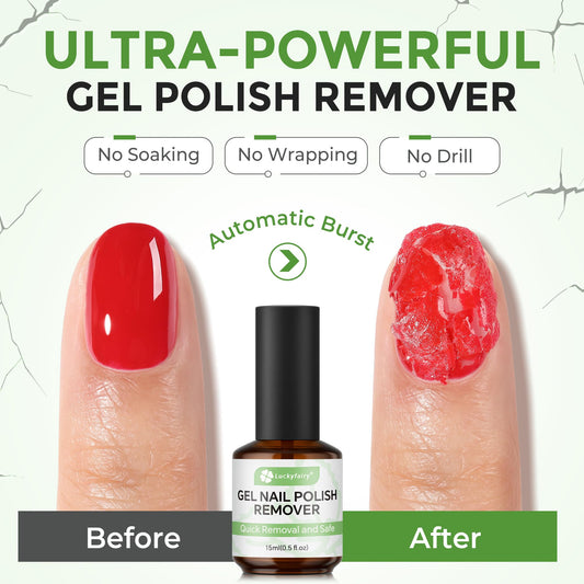 Luckyfairy 15ml remover bottle close-up showing gentle, fast-acting formula