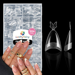 Luckyfairy front packaging of 504 almond tips showing quantity and clear finish benefit