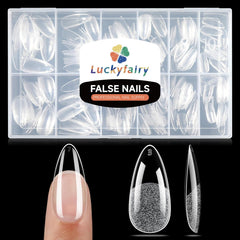 luckyfairy front package showing 240 almond tips, organized and ready