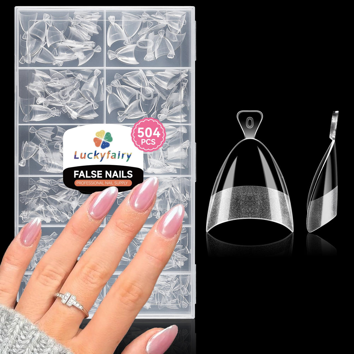 Luckyfairy front packaging showing 504 almond nail tips and convenience