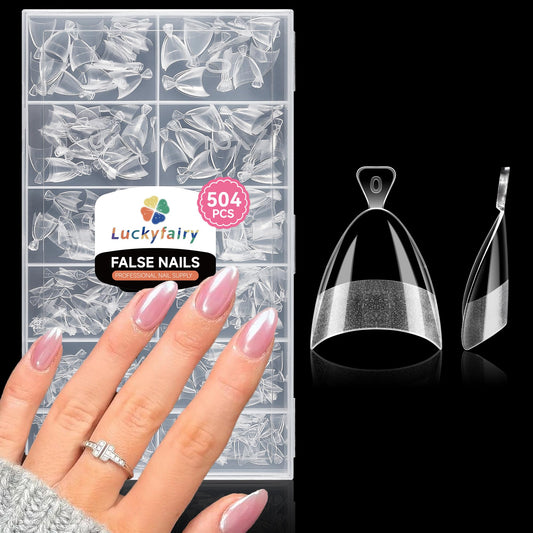 Luckyfairy front packaging showing 504 almond nail tips and convenience