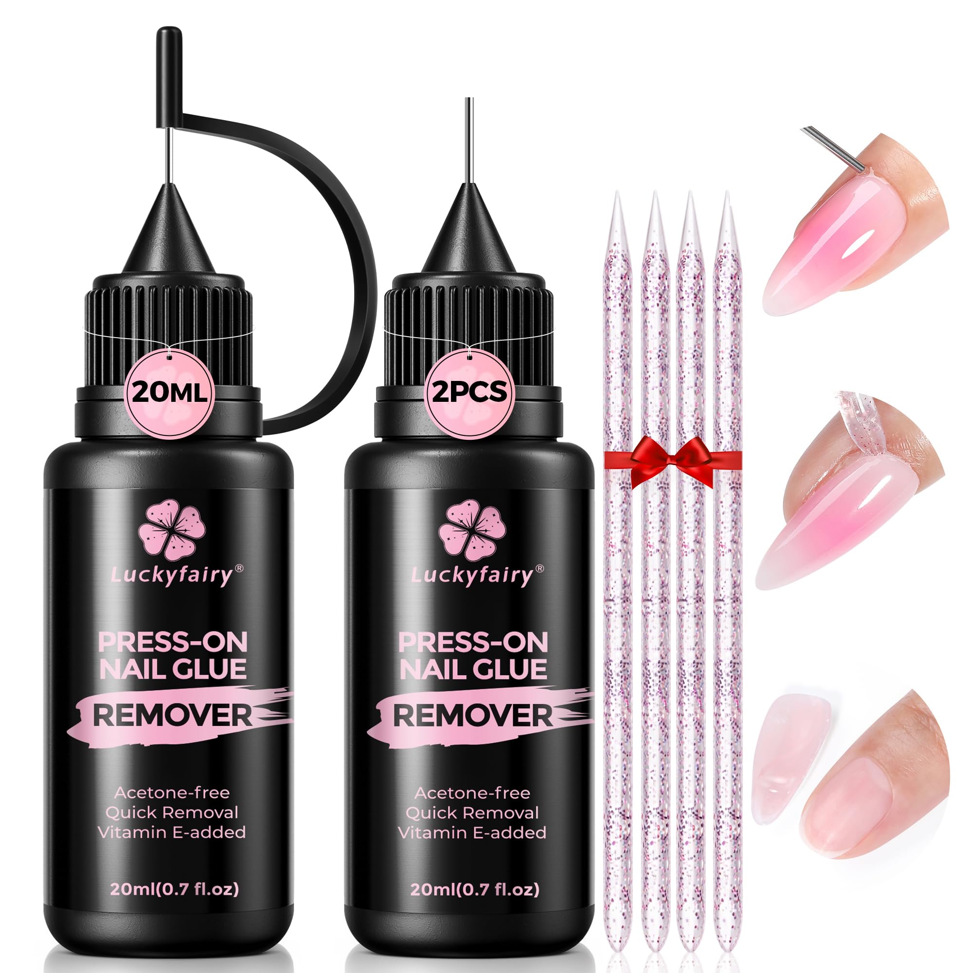 Luckyfairy front packaging showing two 20ml bottles and included tools, easy storage benefit