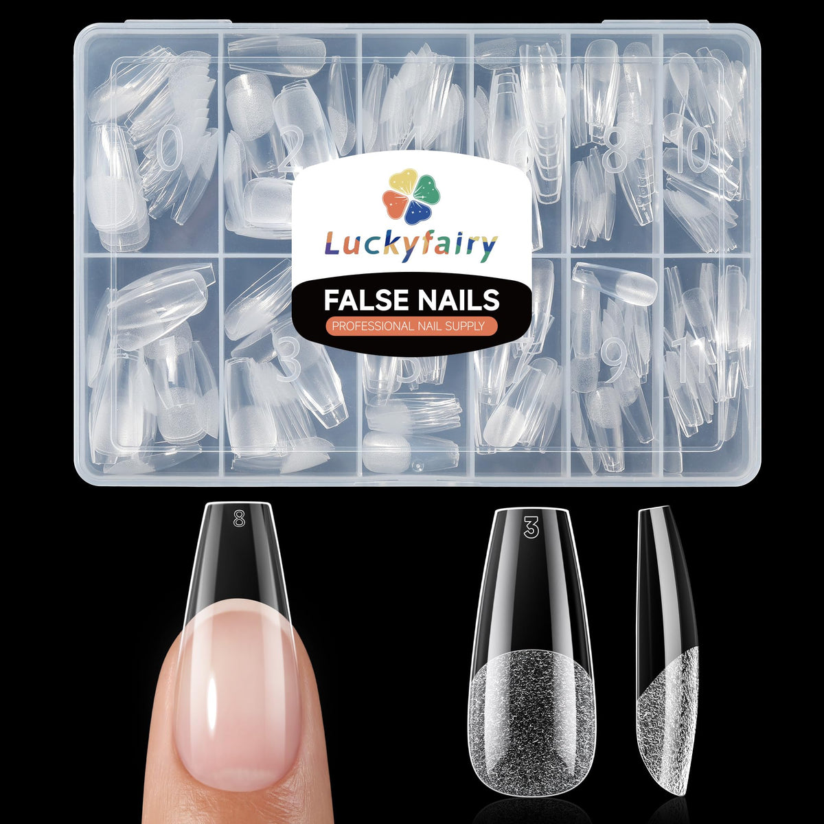 luckyfairy front packaging showing 240 medium coffin tips and benefits