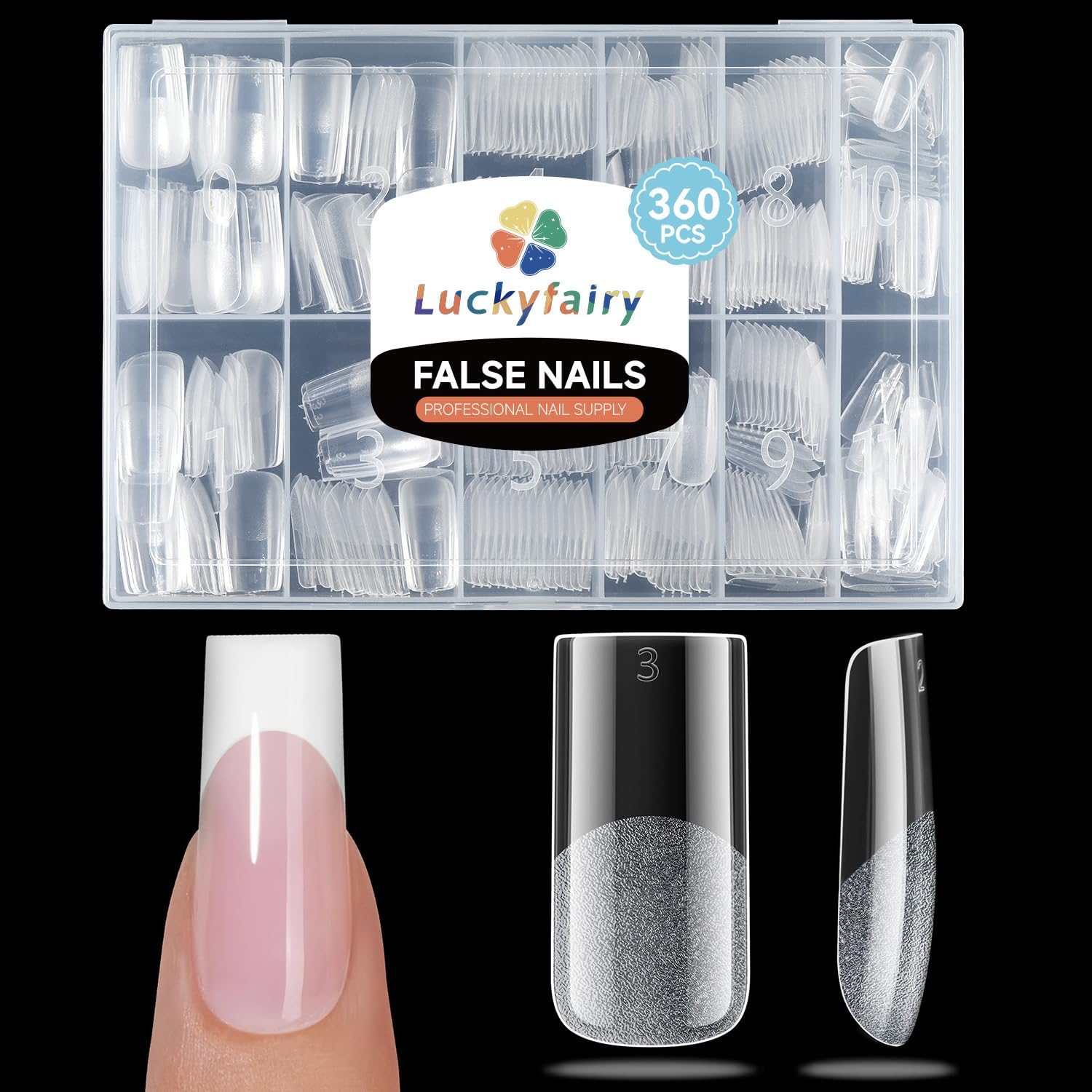 Luckyfairy front packaging showing 360 medium square gel tips neatly organized and ready