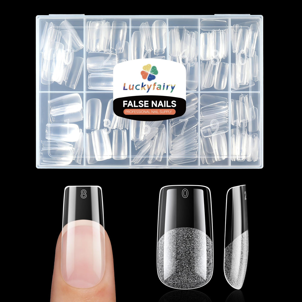 luckyfairy front packaging showing 240 medium square tips and clear branding for easy selection