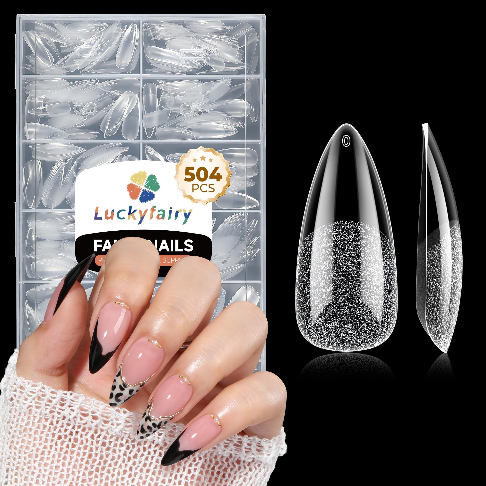 Luckyfairy front packaging showing 504-piece stiletto set and tidy box for storage