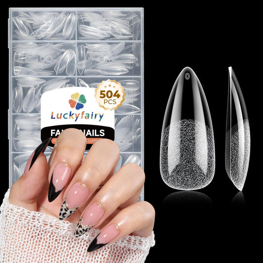 Luckyfairy front packaging showing 504-piece stiletto set and tidy box for storage