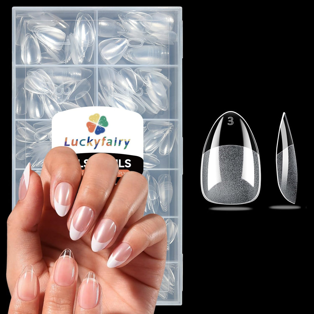 Luckyfairy packaging front view showing 240 short almond tips and quick setup benefit