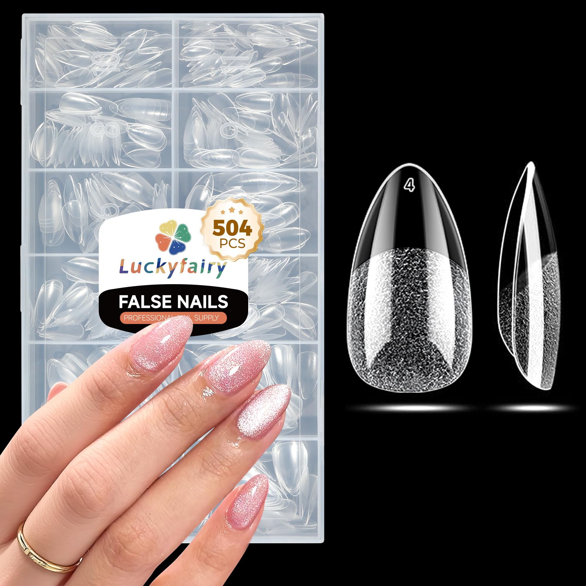 Luckyfairy front packaging showing 504 short almond tips and benefits
